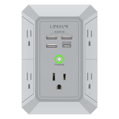 Wall Charger, Surge Protector, QINLIANF 5 Outlet Extender with 4 USB Charging Ports, 3-Sided 1680J Power Strip Multi Plug Adapter Spaced for Home Travel Office