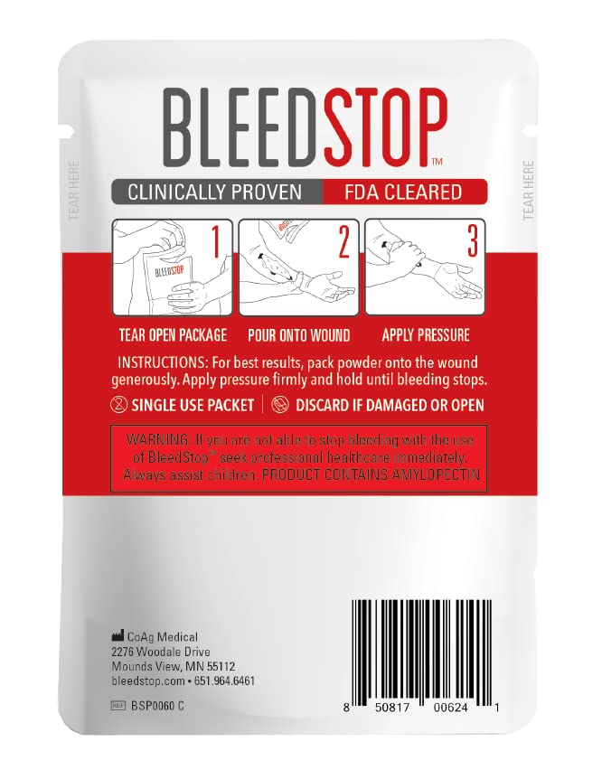 BleedStop™ First Aid Powder for Blood Clotting, Trauma Kit, Blood Thinner Patients, Camping Safety, and Survival Equipment for Moderate to Severe Bleeding Wounds or Nosebleeds - 4 (15g) Pouches