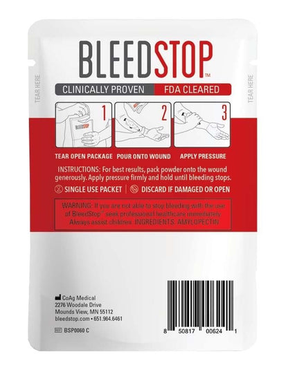 BleedStop™ First Aid Powder for Blood Clotting, Trauma Kit, Blood Thinner Patients, Camping Safety, and Survival Equipment for Moderate to Severe Bleeding Wounds or Nosebleeds - 4 (15g) Pouches