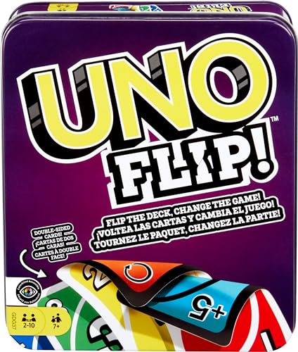 Mattel Games UNO Flip! Card Game for Kids, Adults & Family Night with Double-Sided Cards in Collectible Storage Tin (Amazon Exclusive)