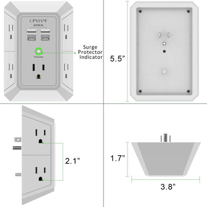 Wall Charger, Surge Protector, QINLIANF 5 Outlet Extender with 4 USB Charging Ports, 3-Sided 1680J Power Strip Multi Plug Adapter Spaced for Home Travel Office