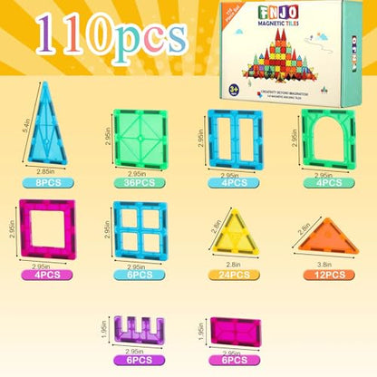 FNJO Magnetic Tiles, 110PCS Magnet Building Set, Magnetic Building Blocks,Construction STEM Learning and Playing Toys for Kids, Montessori Toy for Preschool Boys Girls Toddlers Classroom Must-Haves