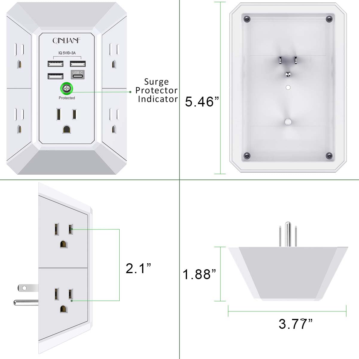 Wall Charger, Surge Protector, QINLIANF 5 Outlet Extender with 4 USB Charging Ports, 3-Sided 1680J Power Strip Multi Plug Adapter Spaced for Home Travel Office