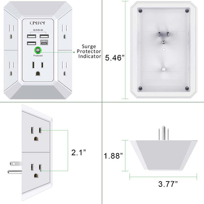 Wall Charger, Surge Protector, QINLIANF 5 Outlet Extender with 4 USB Charging Ports, 3-Sided 1680J Power Strip Multi Plug Adapter Spaced for Home Travel Office