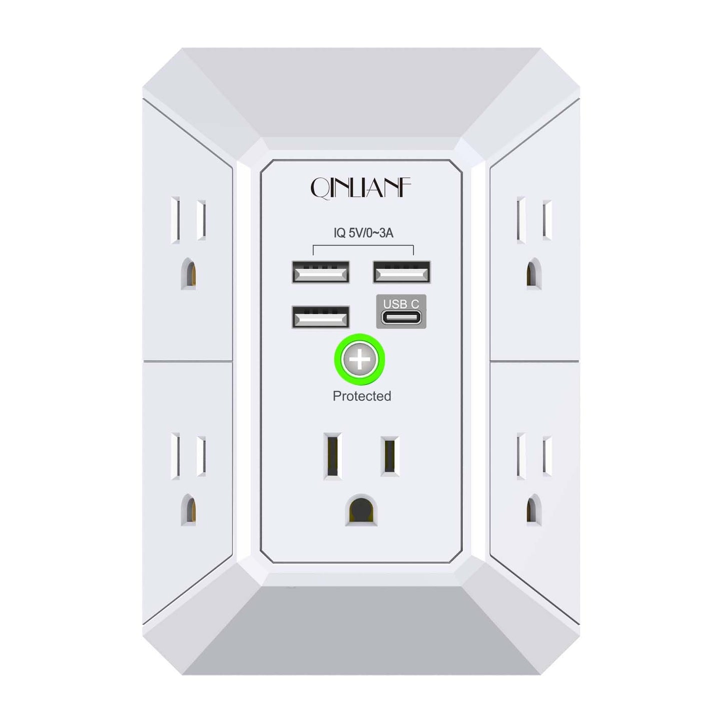 Wall Charger, Surge Protector, QINLIANF 5 Outlet Extender with 4 USB Charging Ports, 3-Sided 1680J Power Strip Multi Plug Adapter Spaced for Home Travel Office