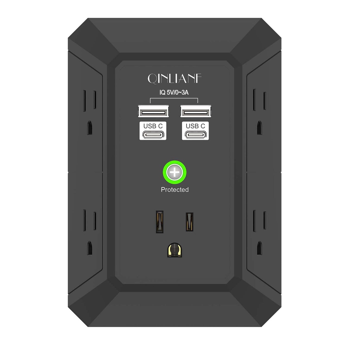 Wall Charger, Surge Protector, QINLIANF 5 Outlet Extender with 4 USB Charging Ports, 3-Sided 1680J Power Strip Multi Plug Adapter Spaced for Home Travel Office
