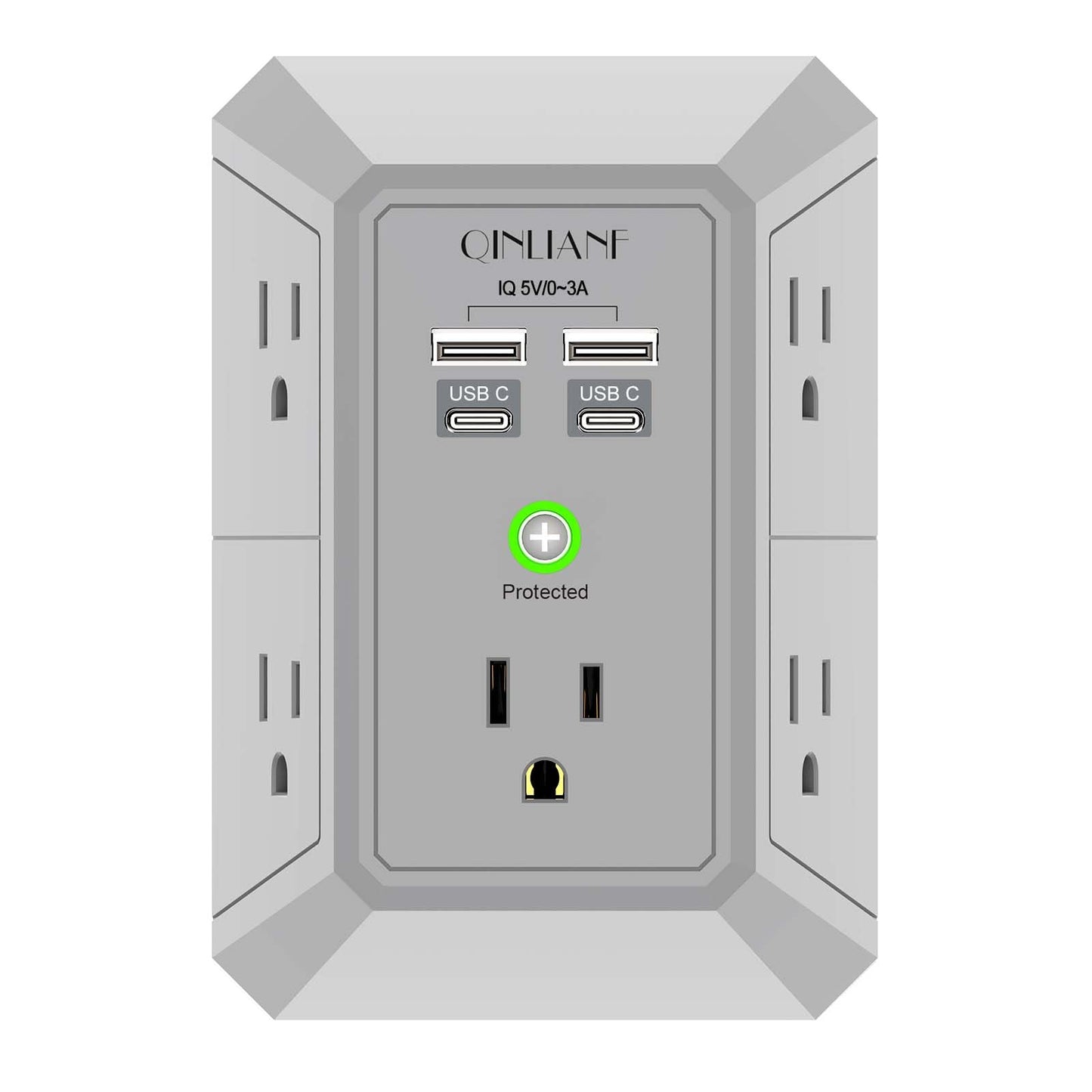 Wall Charger, Surge Protector, QINLIANF 5 Outlet Extender with 4 USB Charging Ports, 3-Sided 1680J Power Strip Multi Plug Adapter Spaced for Home Travel Office