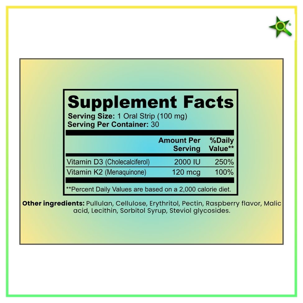 Long Term Vitamin D3 K2 Supplement 2000 IU - Fast-Absorbing Oral Strips for Bone & Heart Health - Vitamin D K2 Plant-Based Formula - D3K2 - High-Potency Vitamina D3 con K2- Non GMO - Sugar-Free (30 Count)
