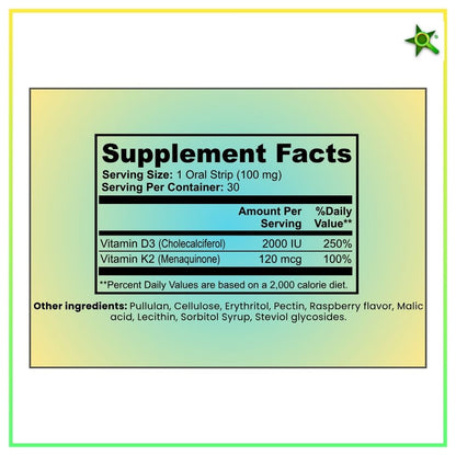 Long Term Vitamin D3 K2 Supplement 2000 IU - Fast-Absorbing Oral Strips for Bone & Heart Health - Vitamin D K2 Plant-Based Formula - D3K2 - High-Potency Vitamina D3 con K2- Non GMO - Sugar-Free (30 Count)