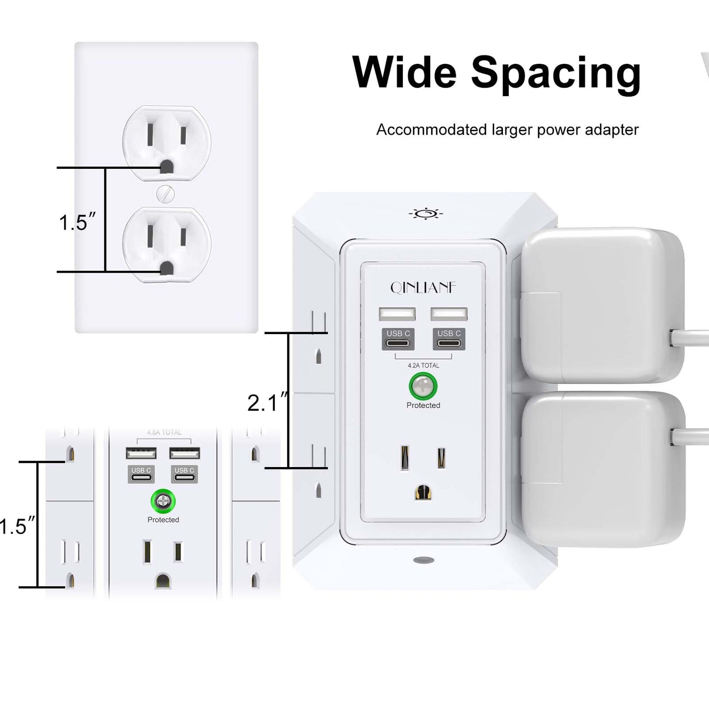 Wall Charger, Surge Protector, QINLIANF 5 Outlet Extender with 4 USB Charging Ports, 3-Sided 1680J Power Strip Multi Plug Adapter Spaced for Home Travel Office