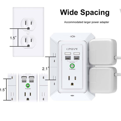 Wall Charger, Surge Protector, QINLIANF 5 Outlet Extender with 4 USB Charging Ports, 3-Sided 1680J Power Strip Multi Plug Adapter Spaced for Home Travel Office
