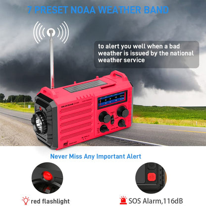 Auto NOAA Emergency Weather Radio, Solar Hand Crank Radio,Portable Battery Operated Emergency Radio with AM FM Shortwave,USB Charger,LED Flashlight,Clock, SOS Alert for Home Outdoors Camping Survival