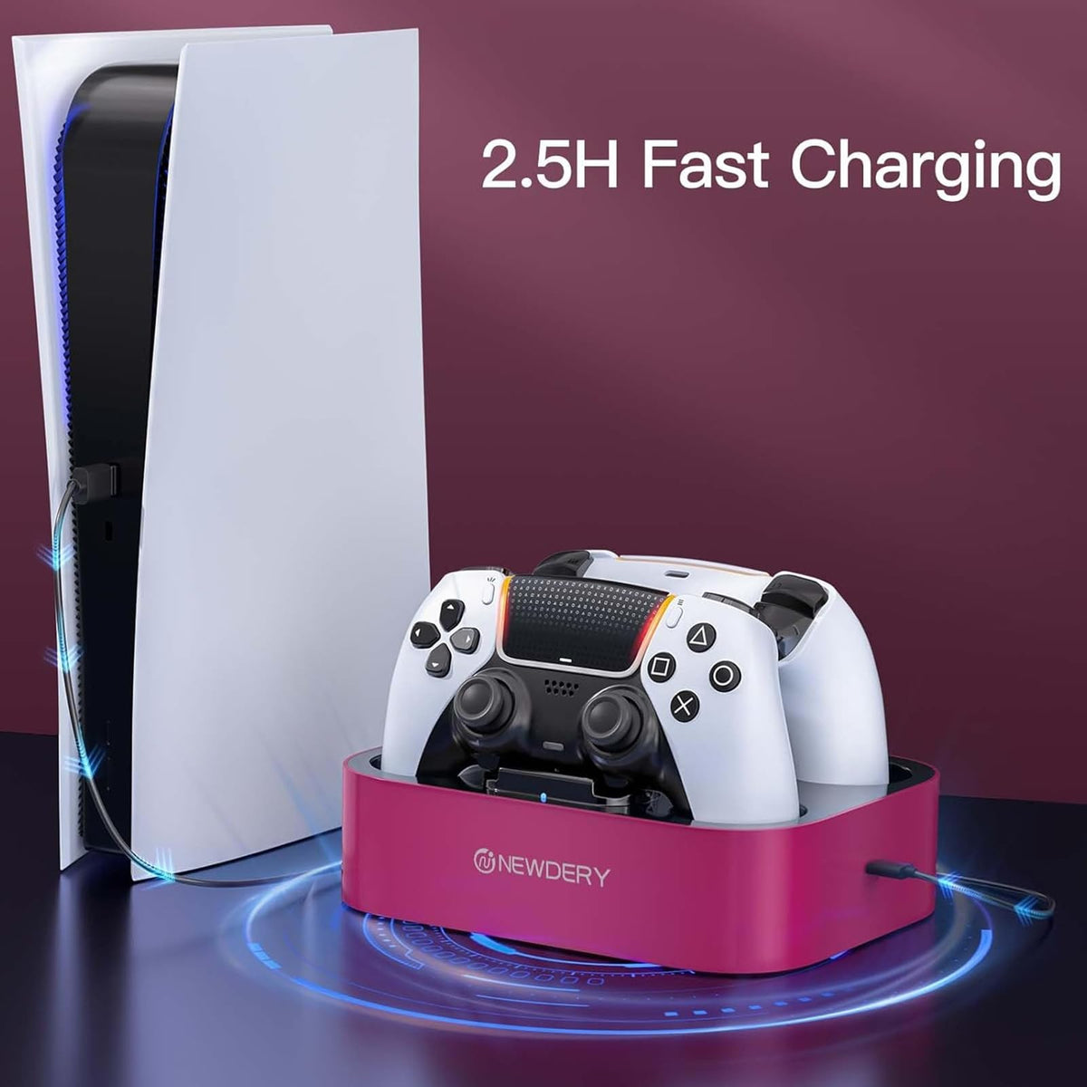 NEWDERY for PS5 Controller Charger Station Compatible with Dualsense Edge, Fast Charging Dock Stand with Cable, Dual Charging Station for PlayStation 5 & DualSense Edge Controller