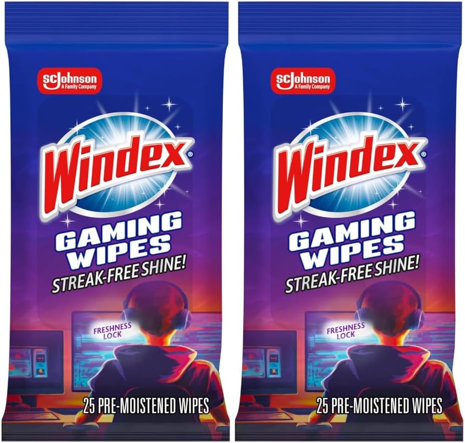 Windex Gaming Cleaning Wipes, Pre-Moistened Wipes to Instantly Clean all Gaming Gear and Electronics, Resealable Packaging for a Freshness Lock, 25 count (Pack of 1)