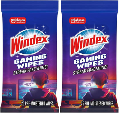 Windex Gaming Cleaning Wipes, Pre-Moistened Wipes to Instantly Clean all Gaming Gear and Electronics, Resealable Packaging for a Freshness Lock, 25 count (Pack of 1)