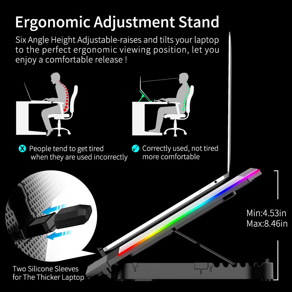 ICE COOREL Gaming Laptop Cooling Pad 15-17.3 Inch, Laptop Fan with 6 RGB Cooling Fans, Laptop Cooling Stand with 6 Height Adjustable, Laptop Cooler with LCD Screen, 2 USB Ports, Phone Stand