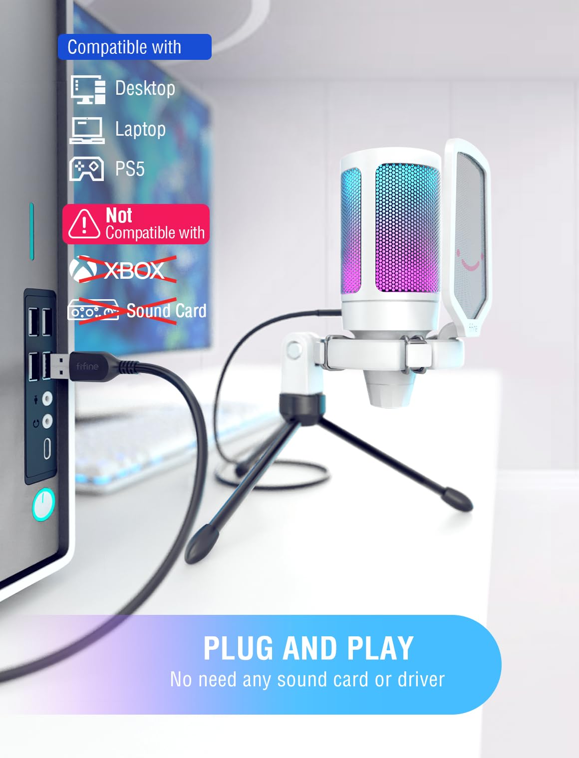 FIFINE AmpliGame A6V USB Gaming Microphone, Condenser RGB Mic for Streaming