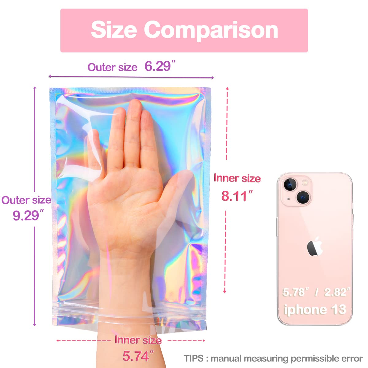 Smell Proof Bags & Resealable Foil Pouch Mylar Sample Bag Great for Party Favor Food Storage (Holographic Color) (50pcs-6x9 inch)