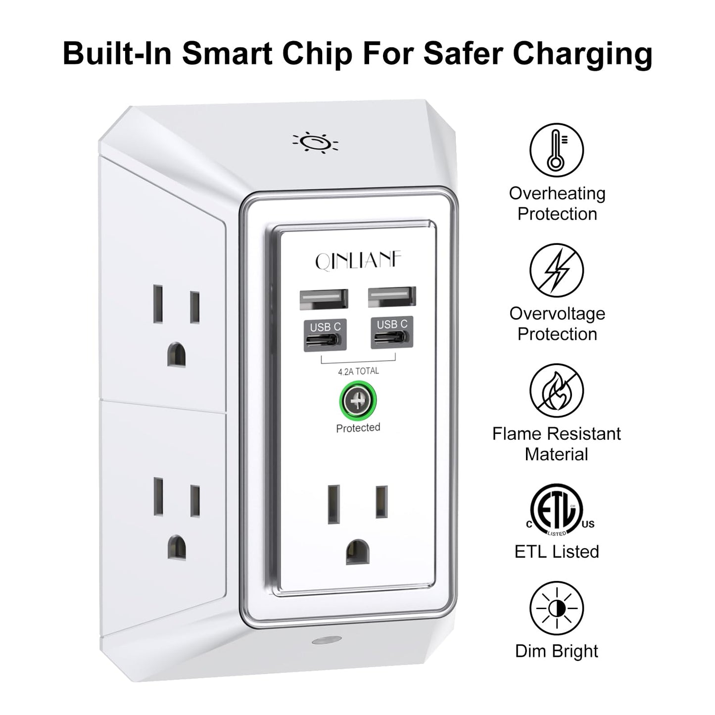 Wall Charger, Surge Protector, QINLIANF 5 Outlet Extender with 4 USB Charging Ports, 3-Sided 1680J Power Strip Multi Plug Adapter Spaced for Home Travel Office