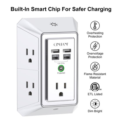 Wall Charger, Surge Protector, QINLIANF 5 Outlet Extender with 4 USB Charging Ports, 3-Sided 1680J Power Strip Multi Plug Adapter Spaced for Home Travel Office