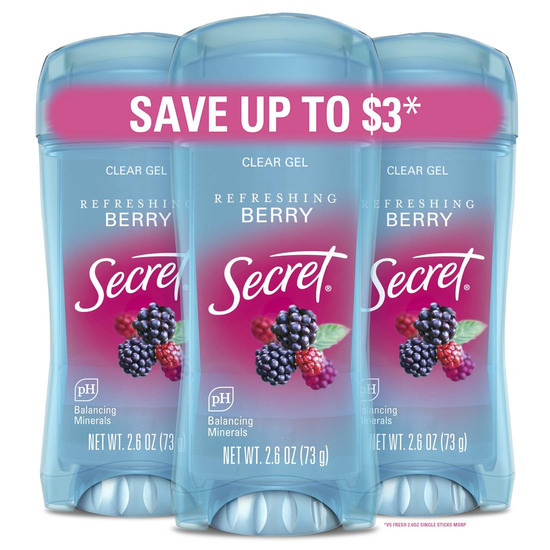 Secret Fresh Antiperspirant Deodorant for Women, 72hr Breathable Sweat & Odor Protection, Instant Freshness & Gentle, PH Balancing Minerals, Clear Gel, Relaxing Lavender Scent, 2.6 oz