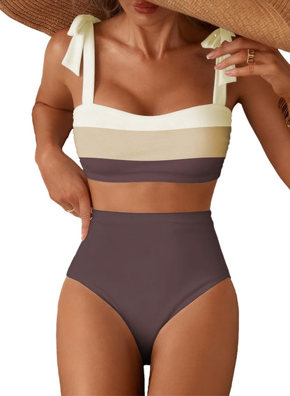 Herseas Women's Tie Shoulder Bikini Sets 2 Piece High Waisted Swimsuits