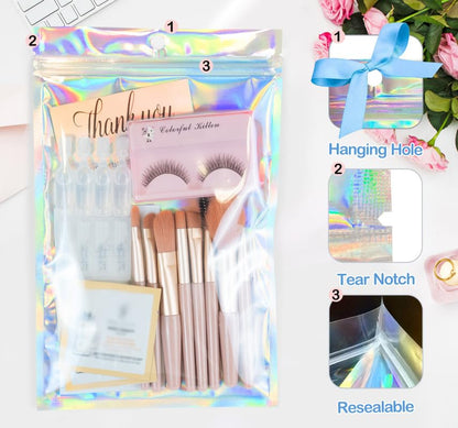 Smell Proof Bags & Resealable Foil Pouch Mylar Sample Bag Great for Party Favor Food Storage (Holographic Color) (50pcs-6x9 inch)