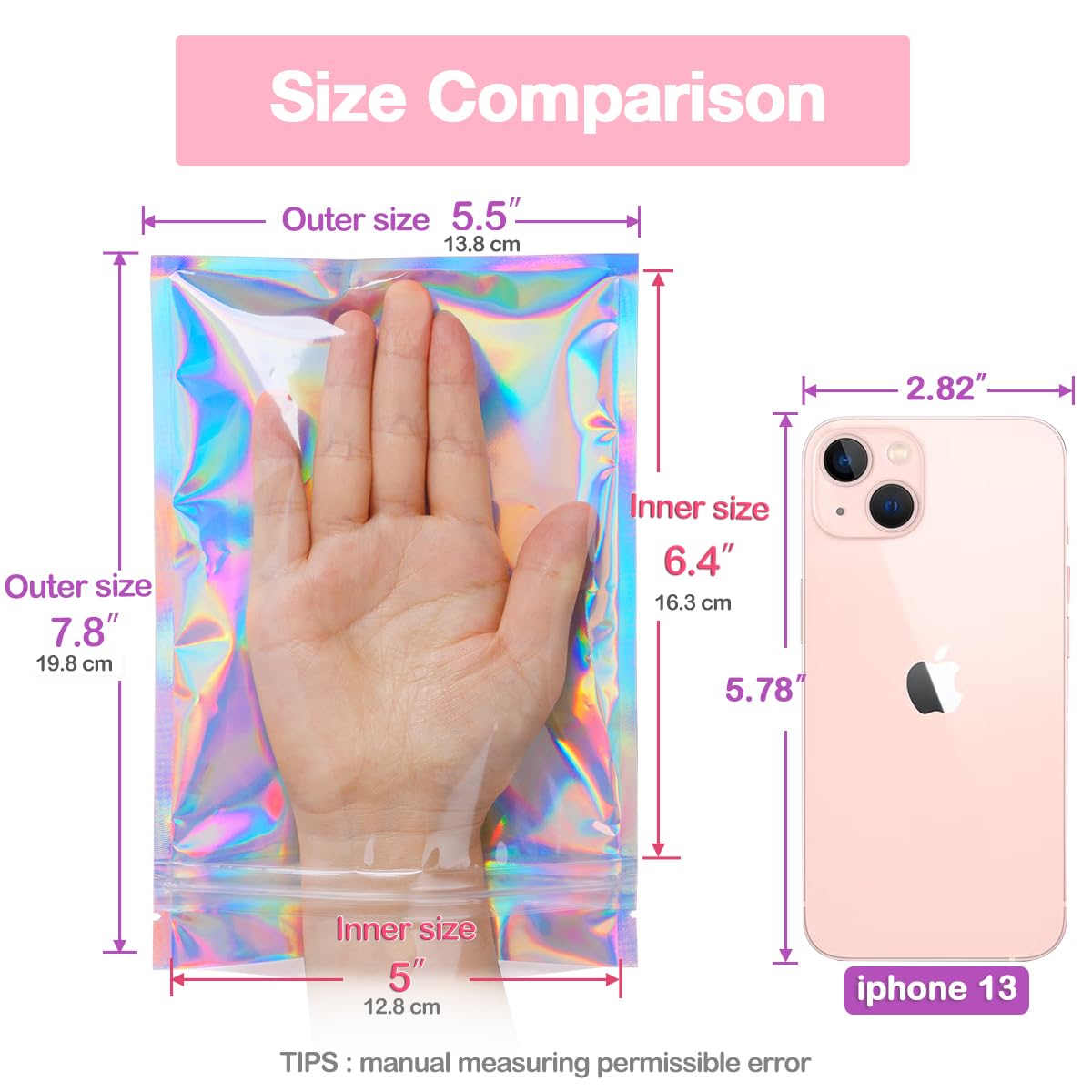 Smell Proof Bags & Resealable Foil Pouch Mylar Sample Bag Great for Party Favor Food Storage (Holographic Color) (50pcs-6x9 inch)