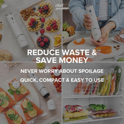 Chef Preserve Compact Vacuum Sealer for Food (Vacuum Sealer Machine + 30 Reusable Vacuum Bags) Powerful Handheld Vacuum Sealer Machine, Seal Meal Saver, Portable Food Sealer