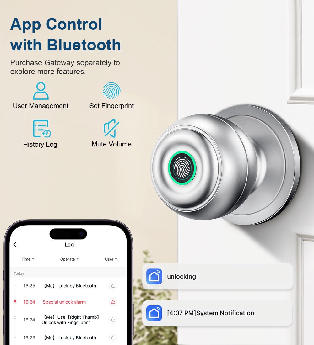 Fingerprint Door Lock, Smart Fingerprint Door Knob with Lock, Biometric Door Locks with App Control & Key, Keyless Thumbprint Entry Door Locks for Bedroom, Front Door, Home, Apartment-Silver