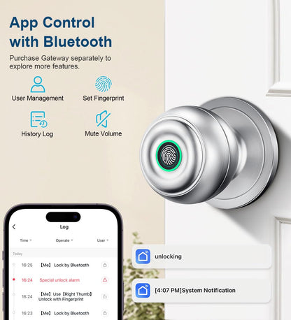 Fingerprint Door Lock, Smart Fingerprint Door Knob with Lock, Biometric Door Locks with App Control & Key, Keyless Thumbprint Entry Door Locks for Bedroom, Front Door, Home, Apartment-Silver
