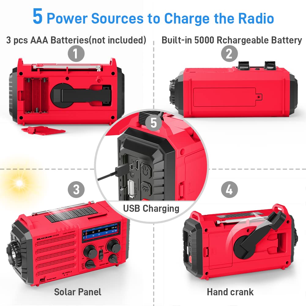 Auto NOAA Emergency Weather Radio, Solar Hand Crank Radio,Portable Battery Operated Emergency Radio with AM FM Shortwave,USB Charger,LED Flashlight,Clock, SOS Alert for Home Outdoors Camping Survival