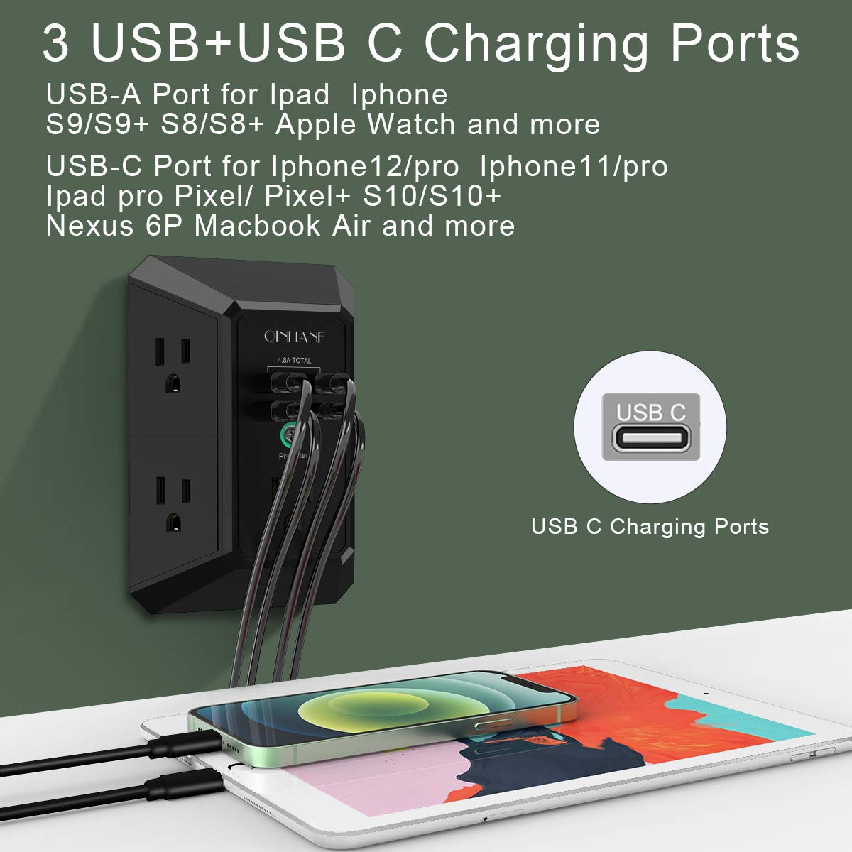 Wall Charger, Surge Protector, QINLIANF 5 Outlet Extender with 4 USB Charging Ports, 3-Sided 1680J Power Strip Multi Plug Adapter Spaced for Home Travel Office