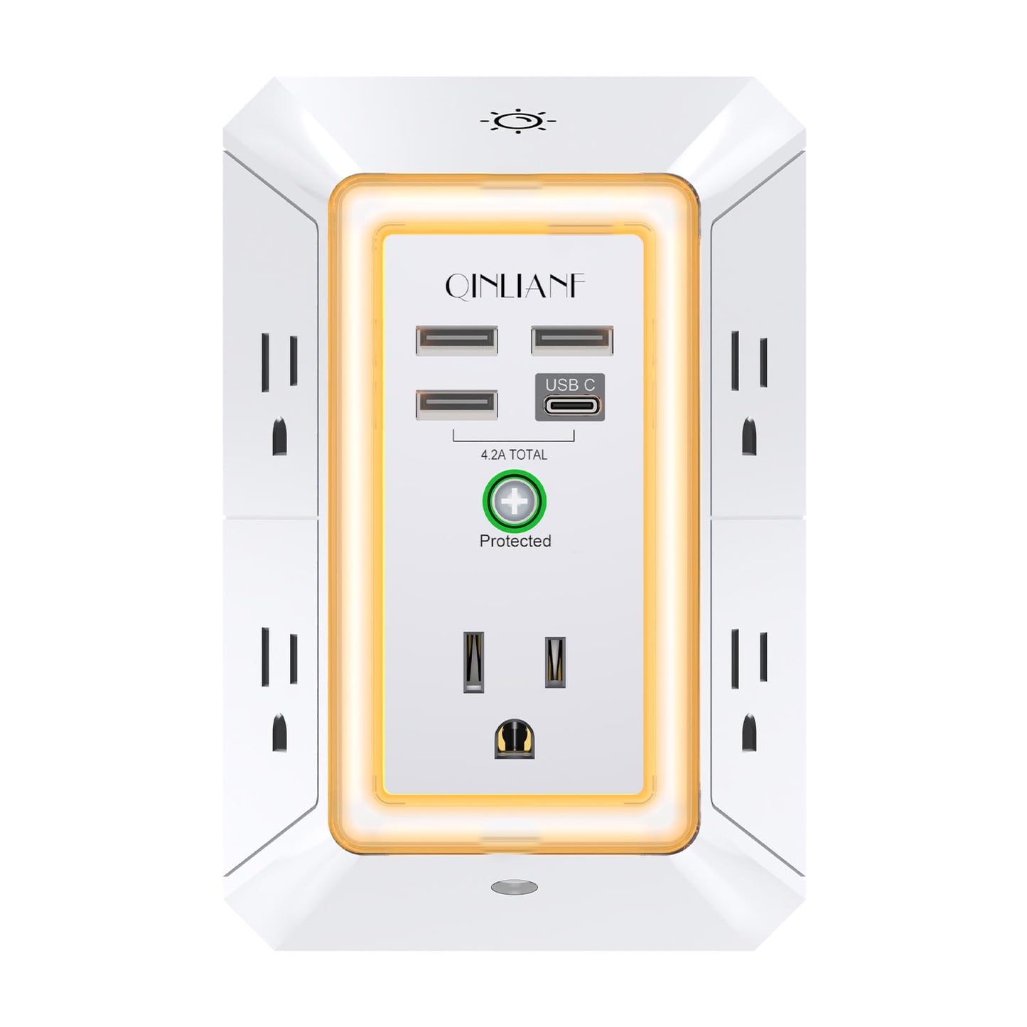 Wall Charger, Surge Protector, QINLIANF 5 Outlet Extender with 4 USB Charging Ports, 3-Sided 1680J Power Strip Multi Plug Adapter Spaced for Home Travel Office