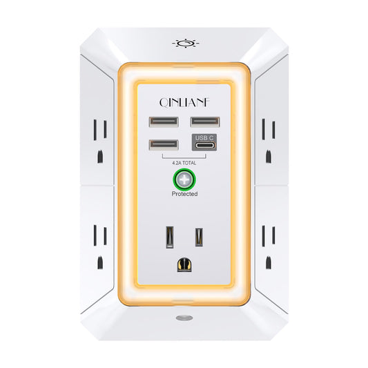 Wall Charger, Surge Protector, QINLIANF 5 Outlet Extender with 4 USB Charging Ports, 3-Sided 1680J Power Strip Multi Plug Adapter Spaced for Home Travel Office