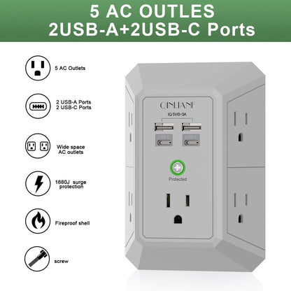 Wall Charger, Surge Protector, QINLIANF 5 Outlet Extender with 4 USB Charging Ports, 3-Sided 1680J Power Strip Multi Plug Adapter Spaced for Home Travel Office