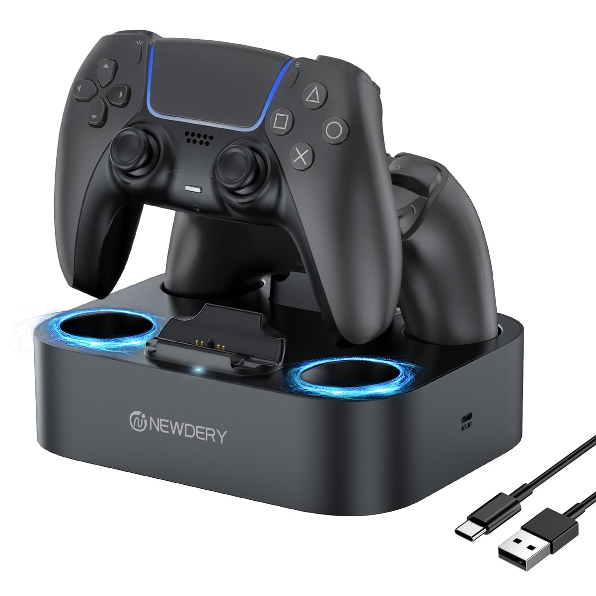 NEWDERY for PS5 Controller Charger Station Compatible with Dualsense Edge, Fast Charging Dock Stand with Cable, Dual Charging Station for PlayStation 5 & DualSense Edge Controller