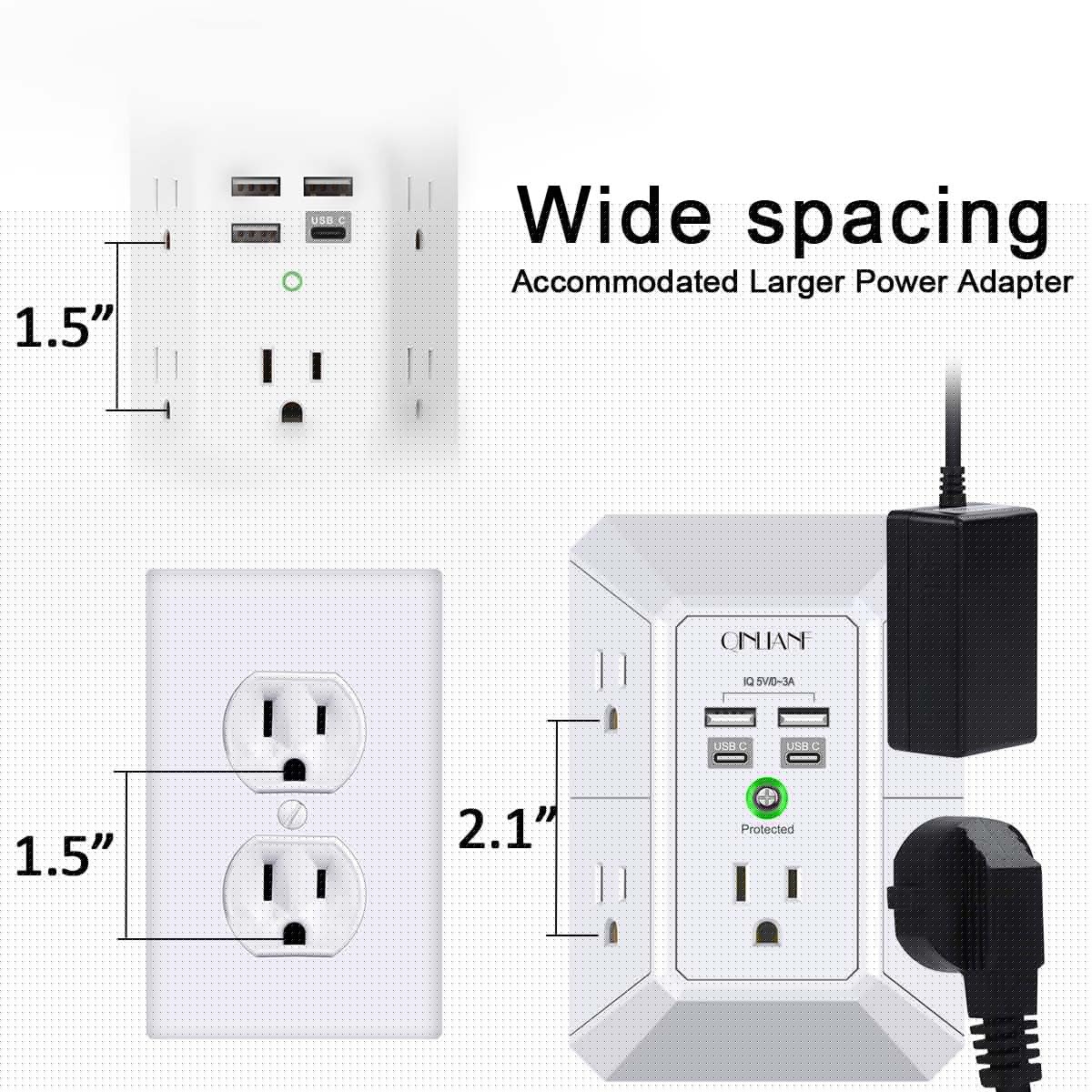Wall Charger, Surge Protector, QINLIANF 5 Outlet Extender with 4 USB Charging Ports, 3-Sided 1680J Power Strip Multi Plug Adapter Spaced for Home Travel Office