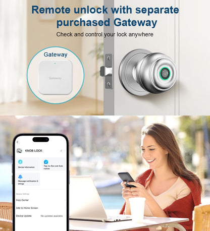 Fingerprint Door Lock, Smart Fingerprint Door Knob with Lock, Biometric Door Locks with App Control & Key, Keyless Thumbprint Entry Door Locks for Bedroom, Front Door, Home, Apartment-Silver