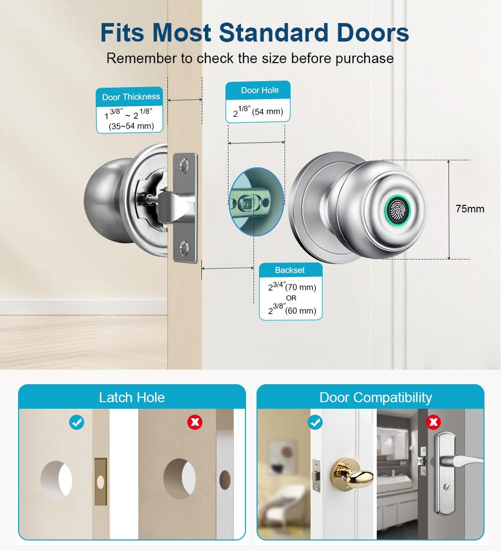 Fingerprint Door Lock, Smart Fingerprint Door Knob with Lock, Biometric Door Locks with App Control & Key, Keyless Thumbprint Entry Door Locks for Bedroom, Front Door, Home, Apartment-Silver