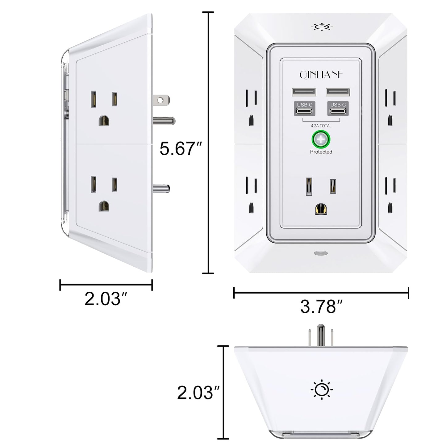 Wall Charger, Surge Protector, QINLIANF 5 Outlet Extender with 4 USB Charging Ports, 3-Sided 1680J Power Strip Multi Plug Adapter Spaced for Home Travel Office