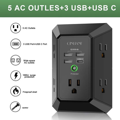 Wall Charger, Surge Protector, QINLIANF 5 Outlet Extender with 4 USB Charging Ports, 3-Sided 1680J Power Strip Multi Plug Adapter Spaced for Home Travel Office