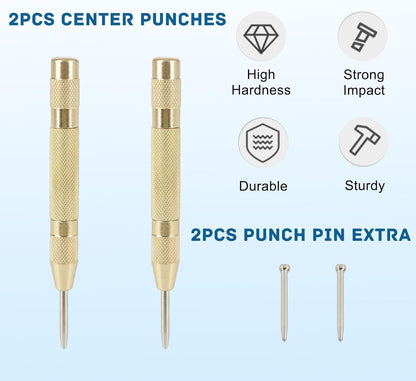 2PCS Automatic Center Punch,5'' Spring Loaded Center Punch, Heavy Duty Steel Adjustable Center Marker Punch Tool with 2PCS Extra Replacement Tip for Metal,Plastic,Wood,Glass by YUIOASE