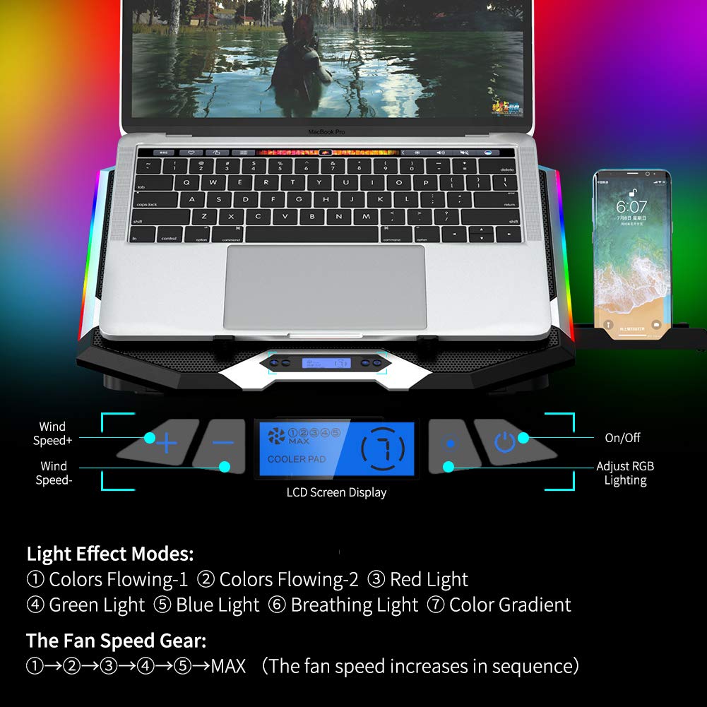 ICE COOREL Gaming Laptop Cooling Pad 15-17.3 Inch, Laptop Fan with 6 RGB Cooling Fans, Laptop Cooling Stand with 6 Height Adjustable, Laptop Cooler with LCD Screen, 2 USB Ports, Phone Stand