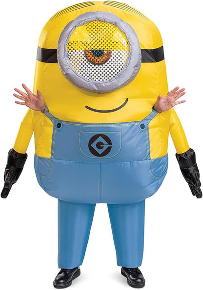 Stuart Minion Inflatable Costume for Men, Official Minions Halloween Costume, Blow Up Jumpsuit with Fan, Adult Size (42-46)