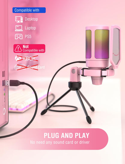 FIFINE AmpliGame A6V USB Gaming Microphone, Condenser RGB Mic for Streaming