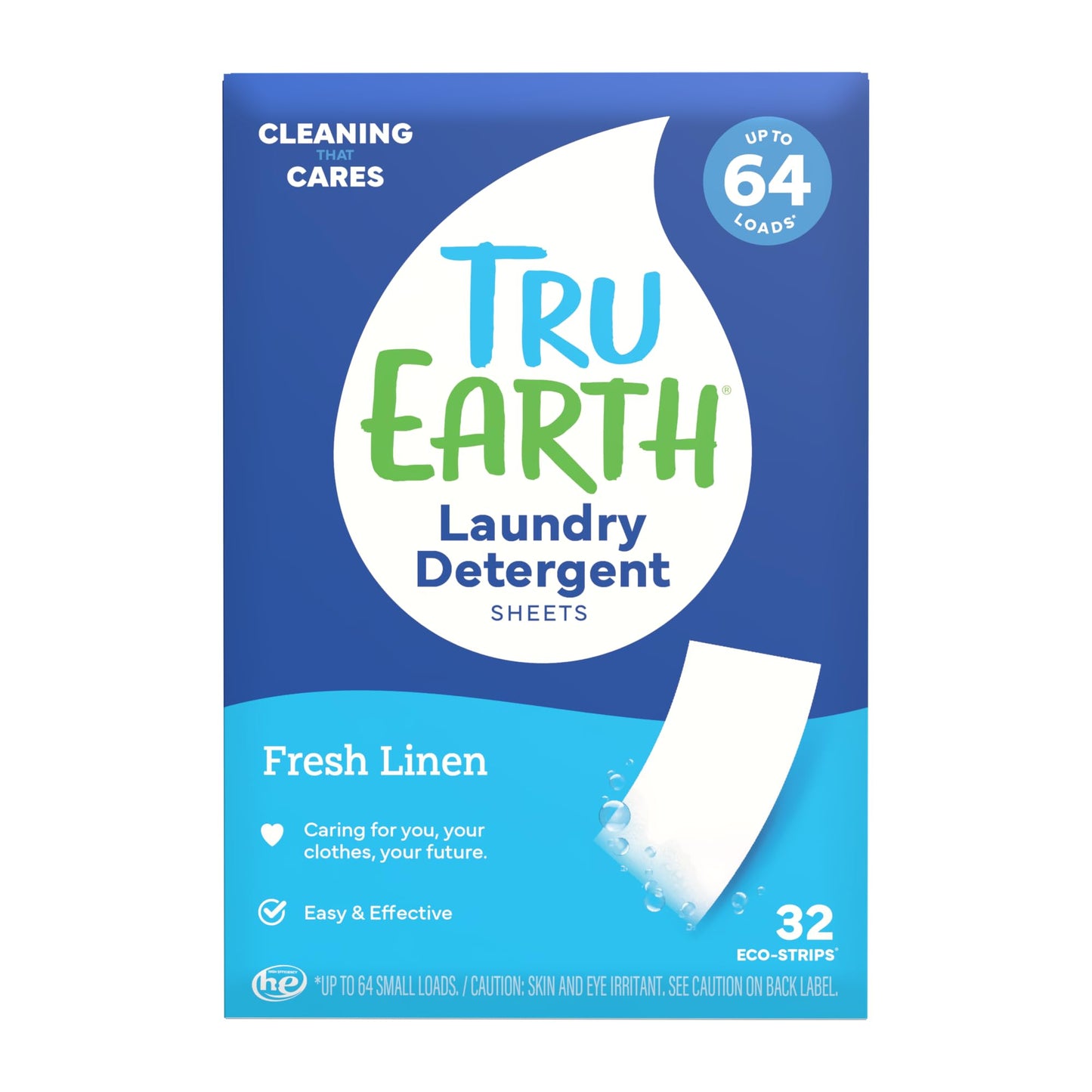 Tru Earth Compact Dry Laundry Detergent - Up to 128 Loads (64 Sheets) - Paraben-Free - Original Eco-Strip Liquidless Detergent, Travel - Fresh Linen | Packaging May Vary