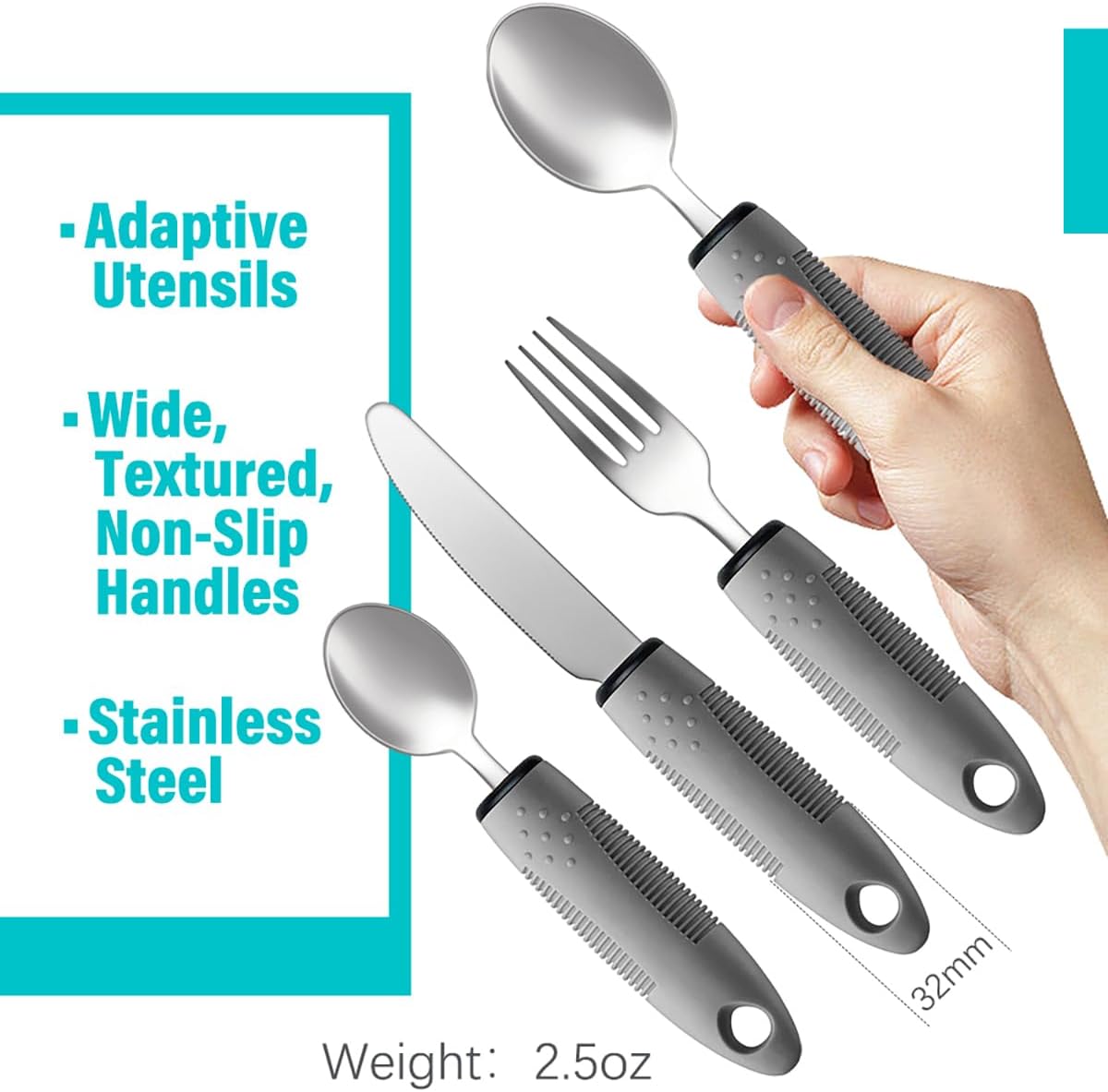 Adaptive Utensils 4pcs For Hand Tremors,Elderly, Arthritis,Parkinsons-Built Up Utensils For Adults 2.5oz Each, Silverware Set With Handle, Flatware Cutlery Set For Seniors