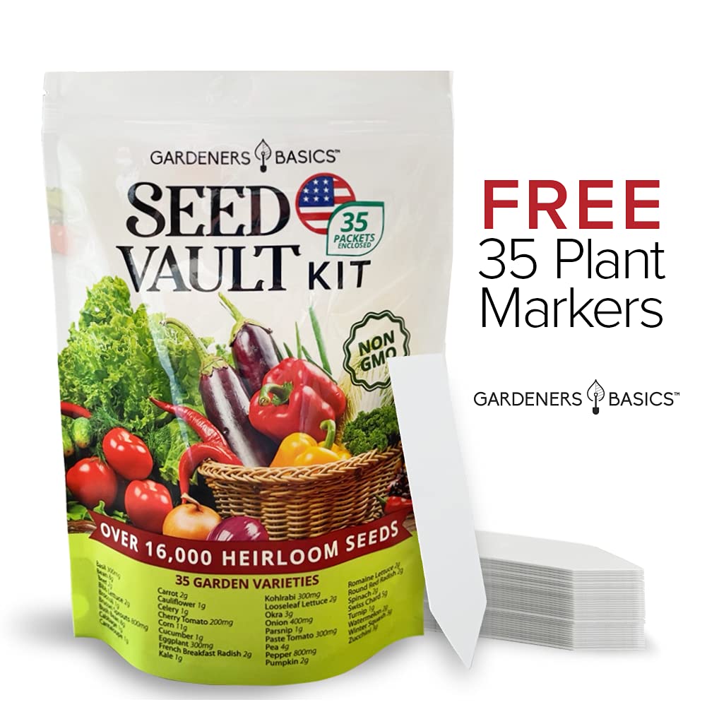 Survival Vegetable Seeds Garden Kit Over 16,000 Seeds Non-GMO and Heirloom, Great for Emergency Bugout Survival Gear 35 Varieties Seeds for Planting Vegetables 35 Free Plant Markers Gardeners Basics