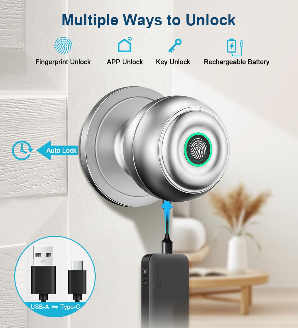 Fingerprint Door Lock, Smart Fingerprint Door Knob with Lock, Biometric Door Locks with App Control & Key, Keyless Thumbprint Entry Door Locks for Bedroom, Front Door, Home, Apartment-Silver